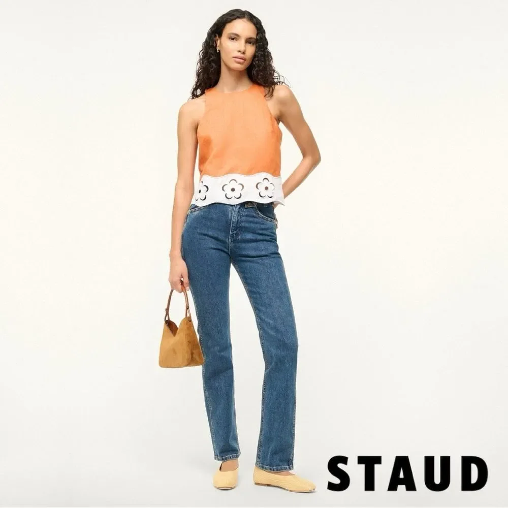 STAUD **NWT** Mika Linen Top in Apricot (Orange) & White - Picture 2 of 16